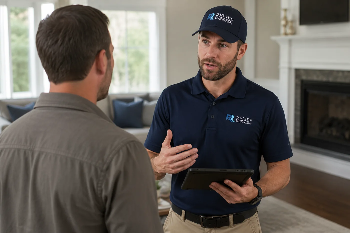 Relief Restorations specialist reviewing a project on a tablet with a Winnipeg homeowner