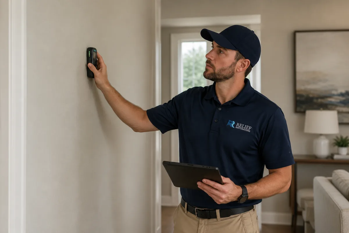 Relief Restorations specialist taking a moisture reading on a wall during a Winnipeg home assessment