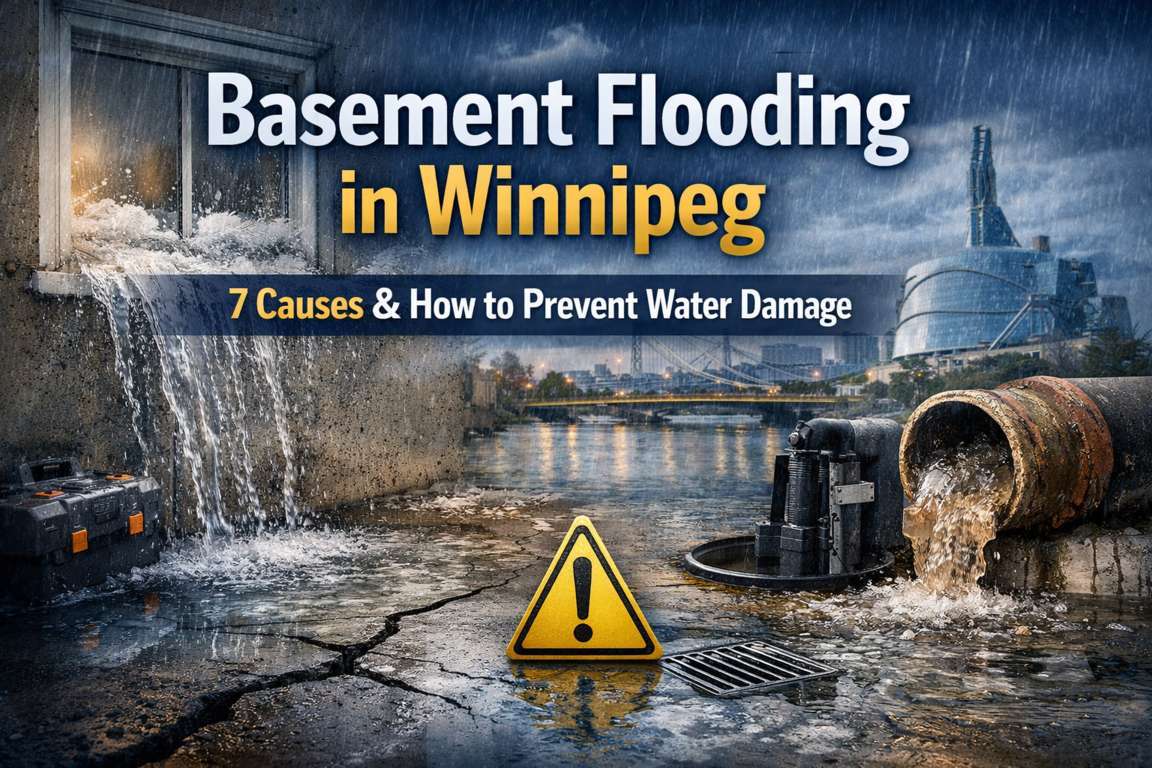 Flooded basement in a Winnipeg home with water on the floor and walls