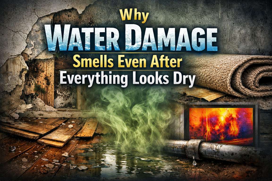 Water-damaged room with lingering musty odour despite surfaces appearing dry