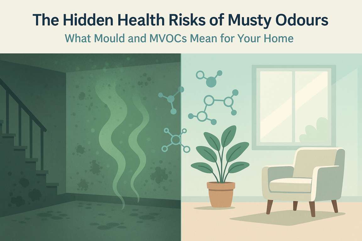 Musty basement with visible moisture and mould growth releasing MVOCs into indoor air