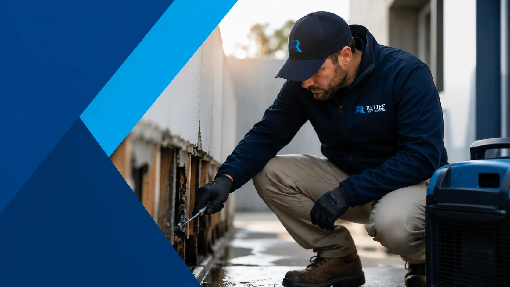 A Relief Restorations technician in branded gear crouching to inspect water and mould damage on the exterior of a Winnipeg property