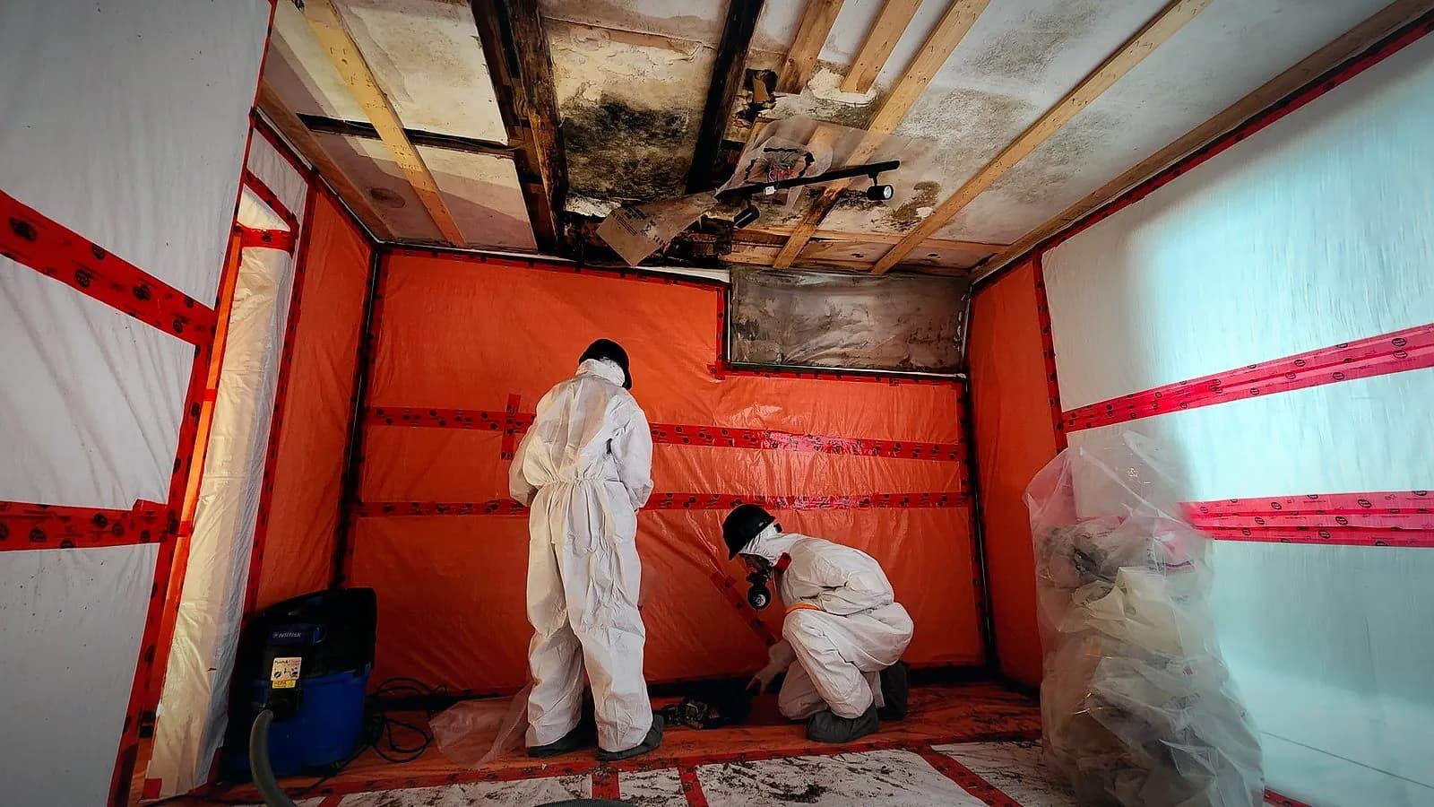Relief Restorations technicians in full PPE performing mould and asbestos remediation inside a sealed containment in a Winnipeg property