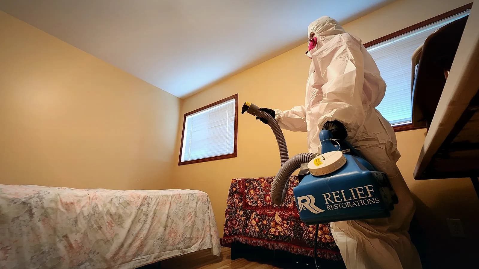 Relief Restorations performing fogging and disinfection to deodourize and sanitize a property in Winnipeg, Manitoba