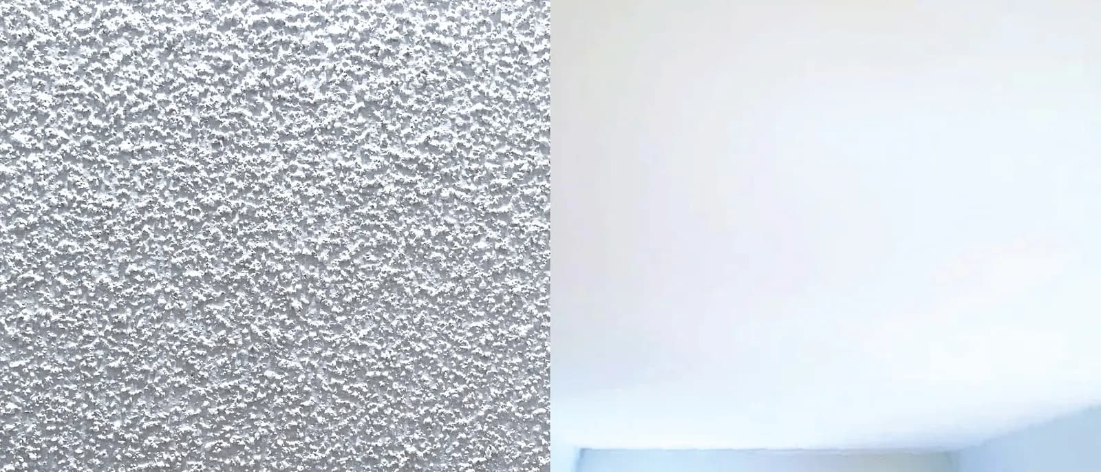 Close-up before and after of ceiling stipple removal - rough textured popcorn finish on the left, smooth ceiling on the right
