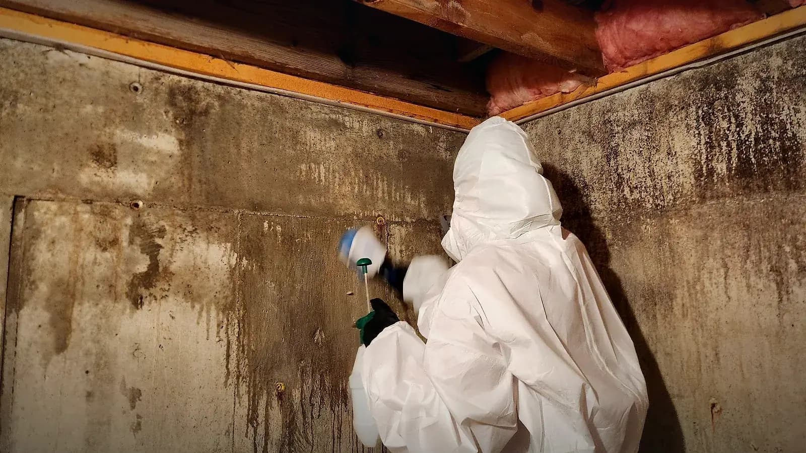 Relief Restorations technician applying antimicrobial treatment to a mould-stained basement foundation wall in Winnipeg
