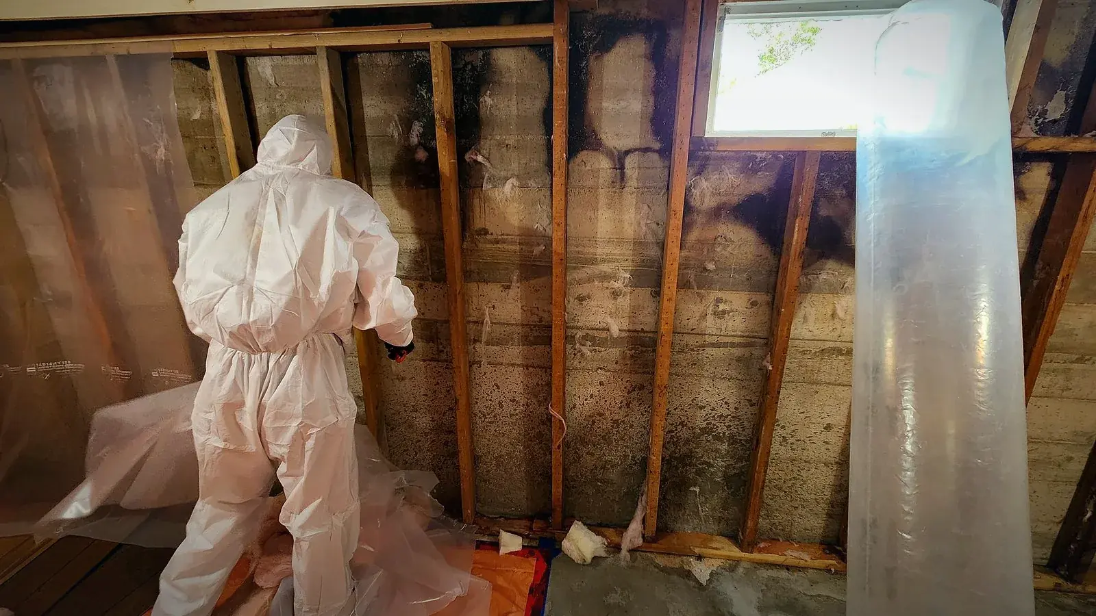 Relief Restorations technician in a protective suit removing mould-affected wall material down to the studs during a Winnipeg remediation