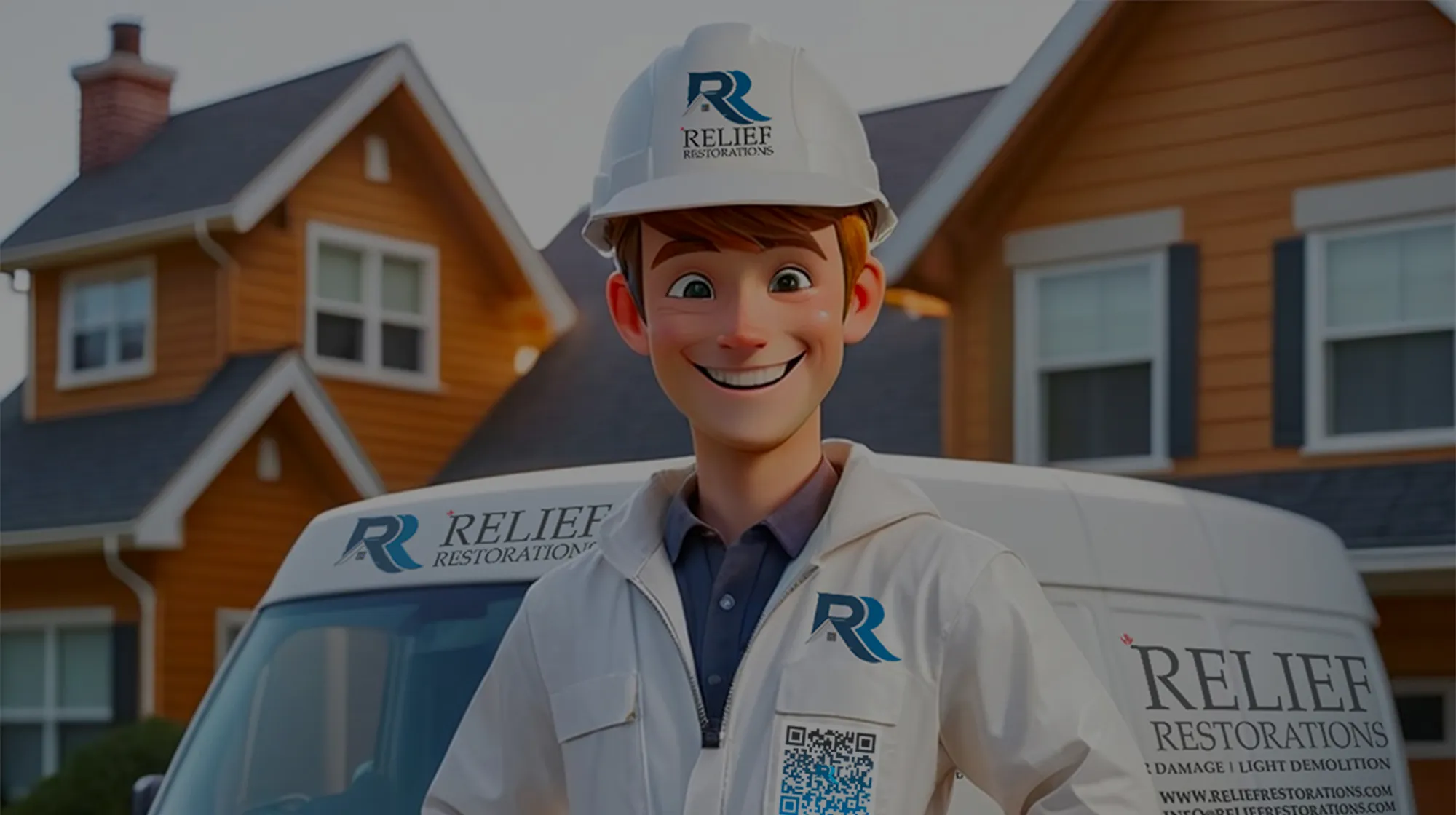 Relief Restorations mascot in white coveralls with a chest QR code, standing in front of a branded company van and a house