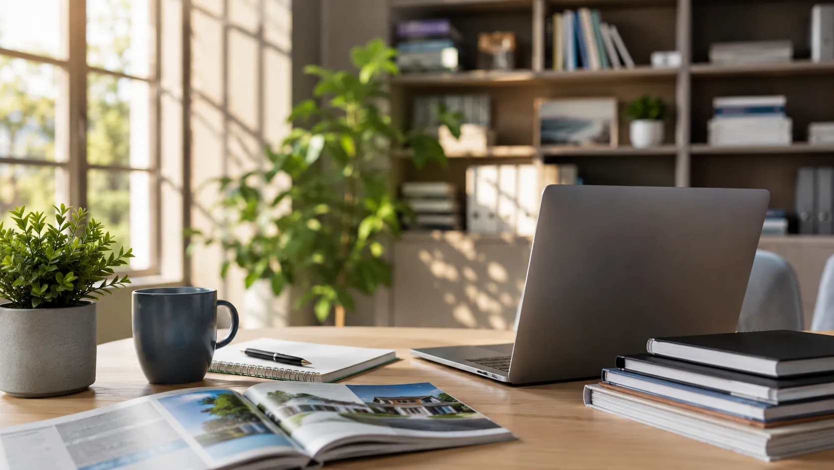 A bright home office desk with a laptop, notebook, books, and a magazine, representing the Relief Restorations resources and learning centre