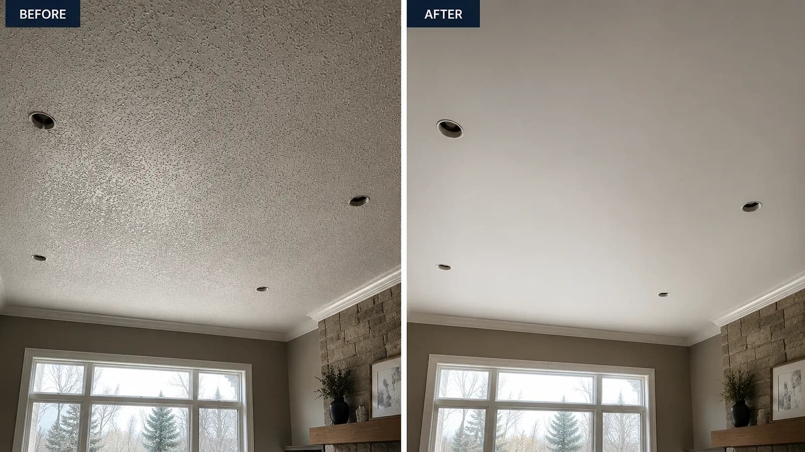Before and after of a Winnipeg ceiling - textured popcorn stipple on the left, smooth finished ceiling on the right after Relief Restorations removal