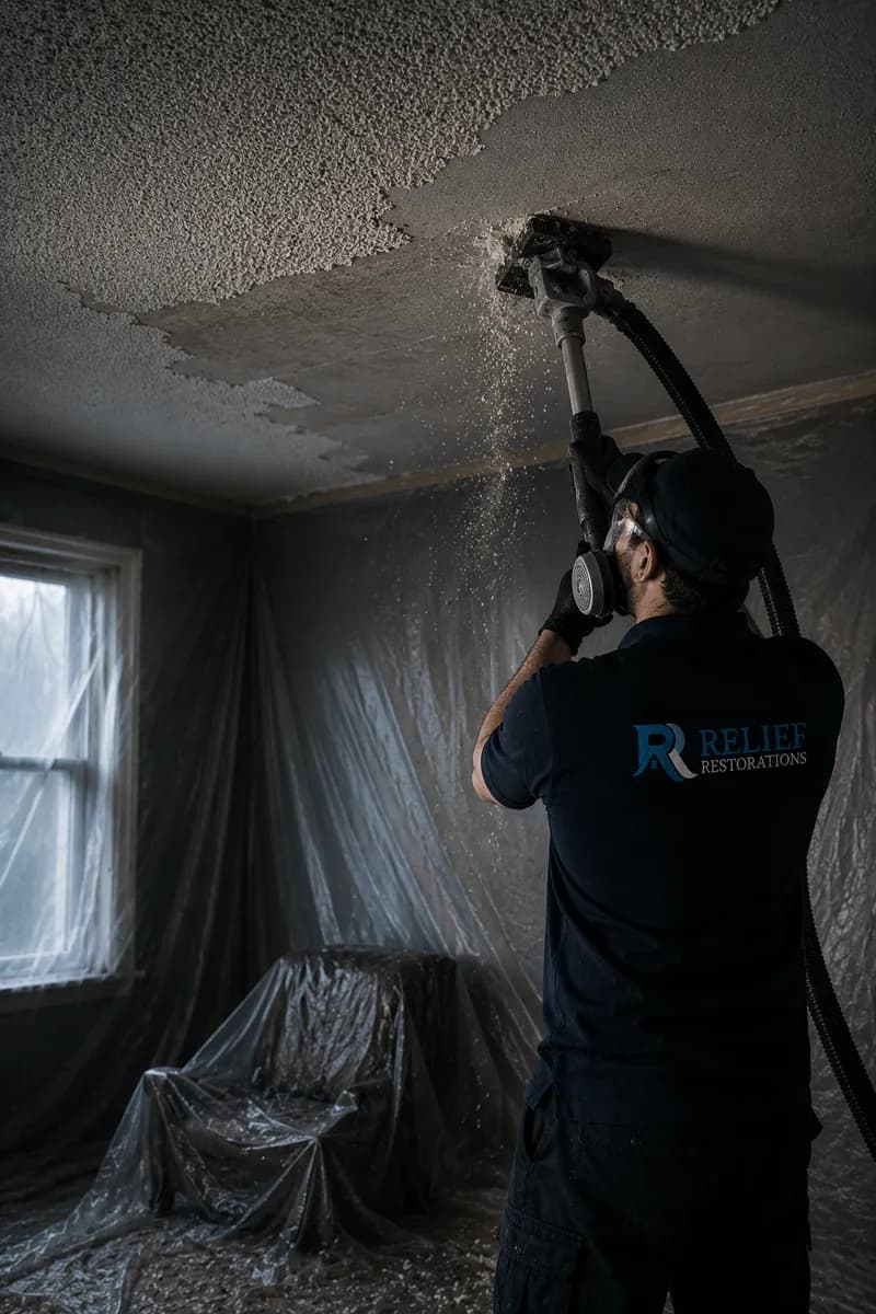 Certified ceiling stipple and popcorn texture removal with asbestos testing in a Winnipeg home