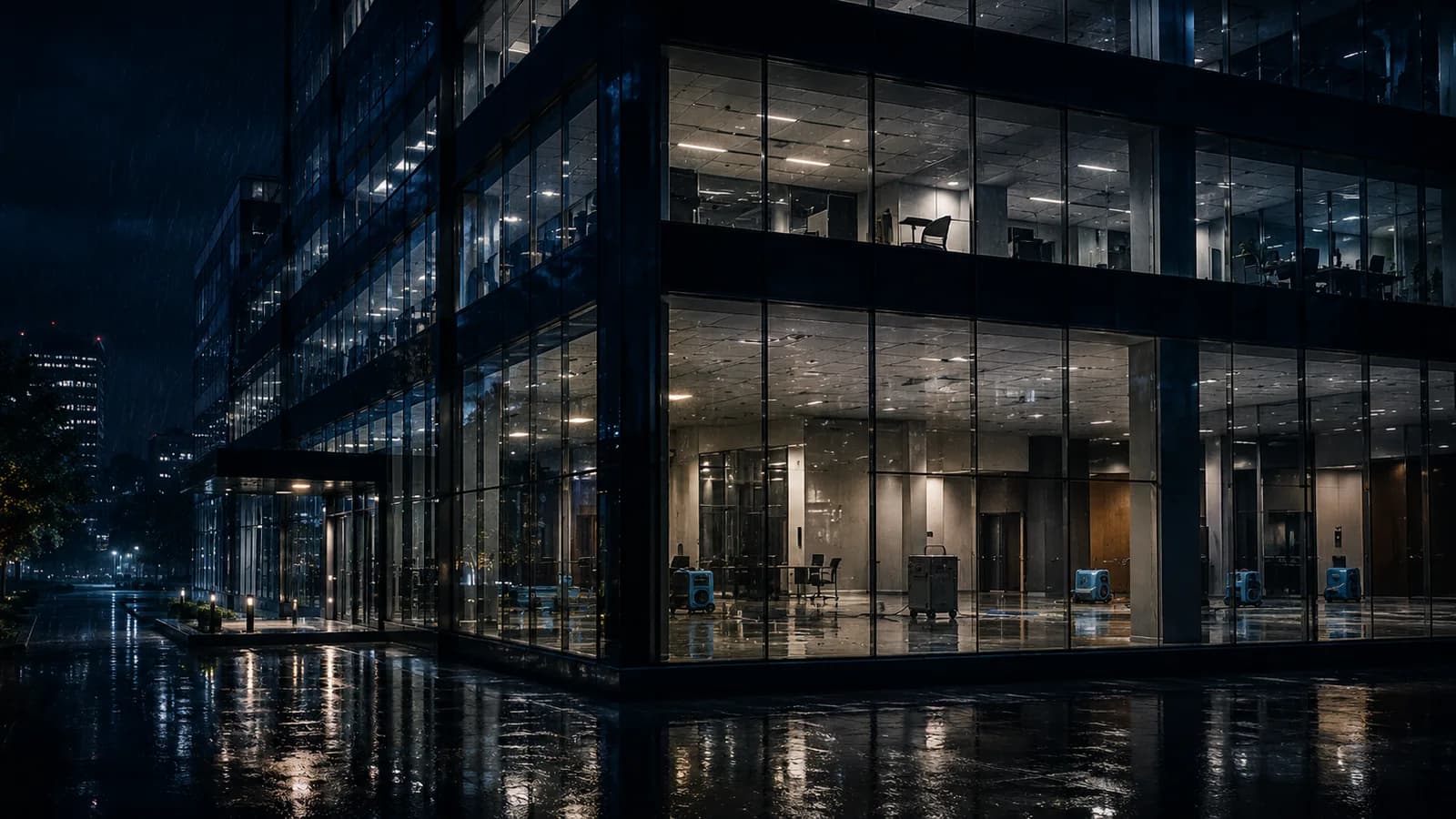 Modern Winnipeg commercial office building lit up at night, representing Relief Restorations commercial restoration services