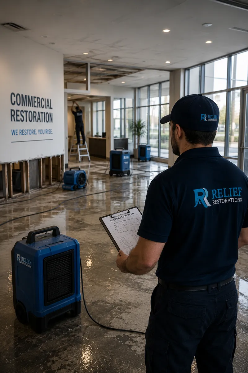 Commercial property restoration team responding to water and fire damage in a Winnipeg building