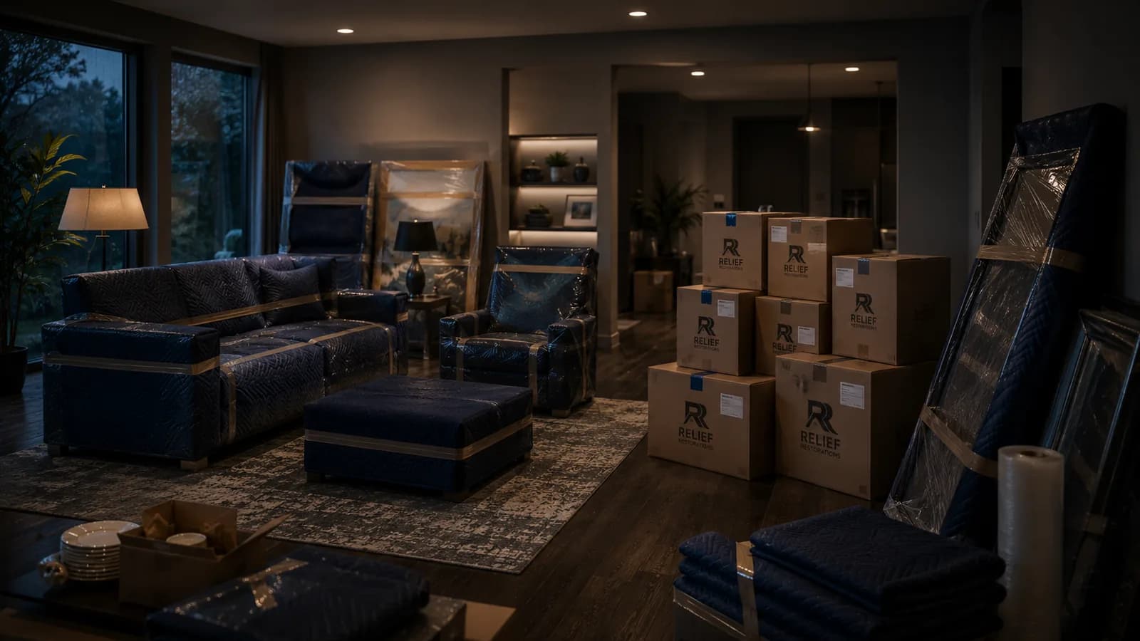 Living room being packed out by Relief Restorations with labelled moving boxes and wrapped furniture after property damage in Winnipeg