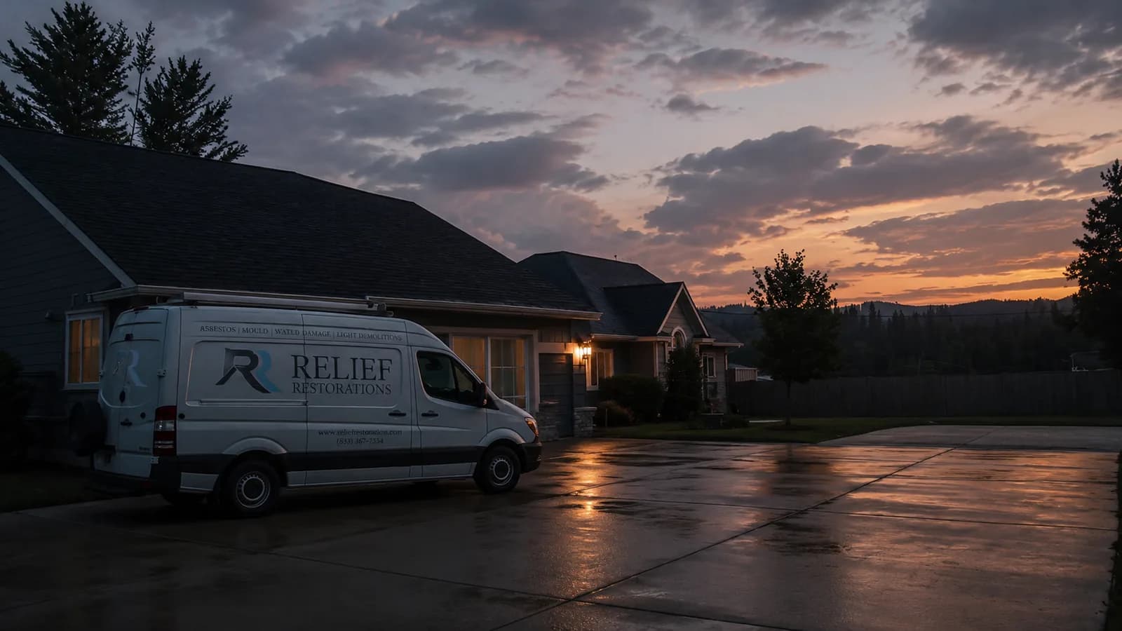 Relief Restorations emergency response van parked outside a Winnipeg home at dusk after an emergency call