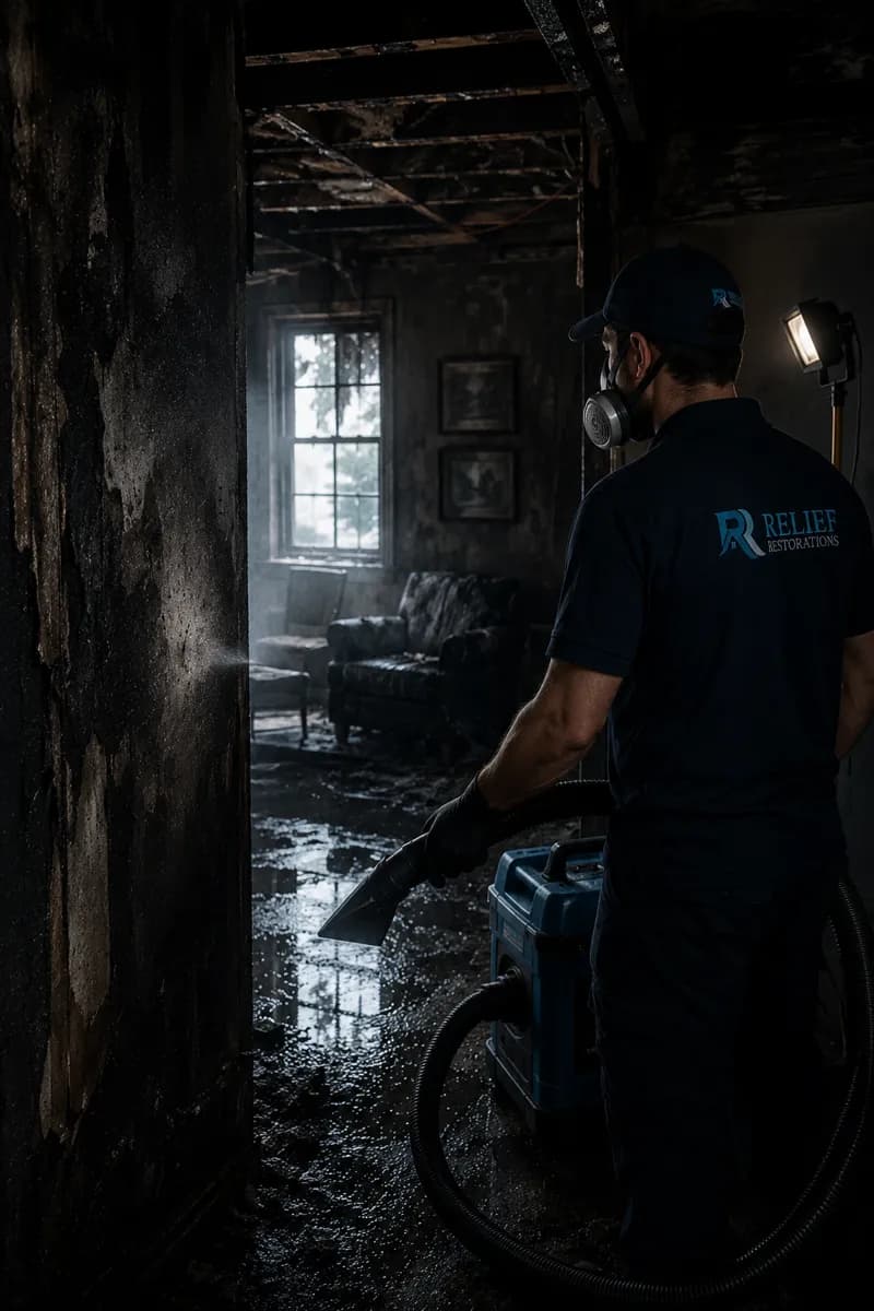 Fire and smoke damage restoration team cleaning soot and restoring a damaged Winnipeg property