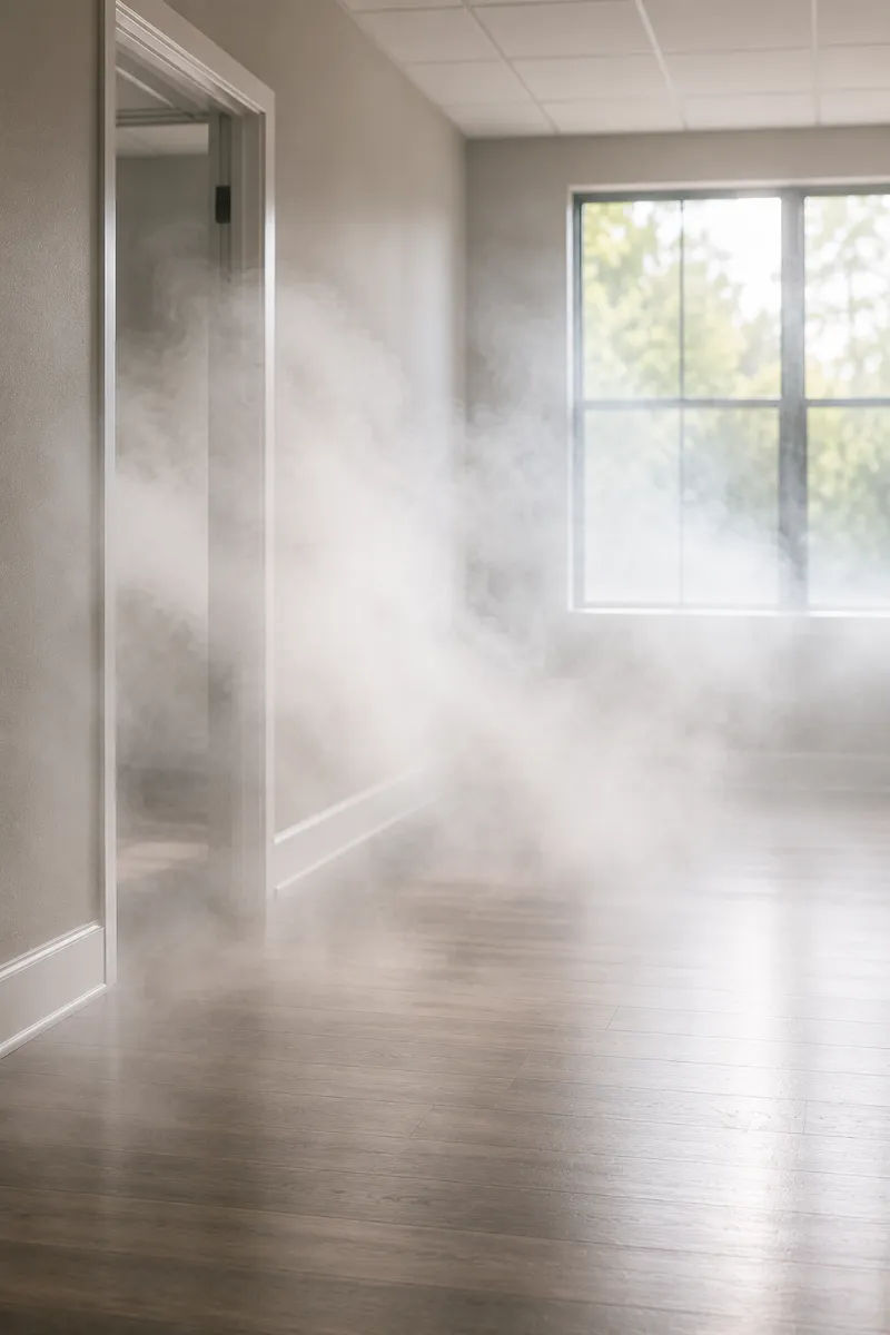 Disinfecting fog drifting through an empty room during a fogging and disinfecting treatment