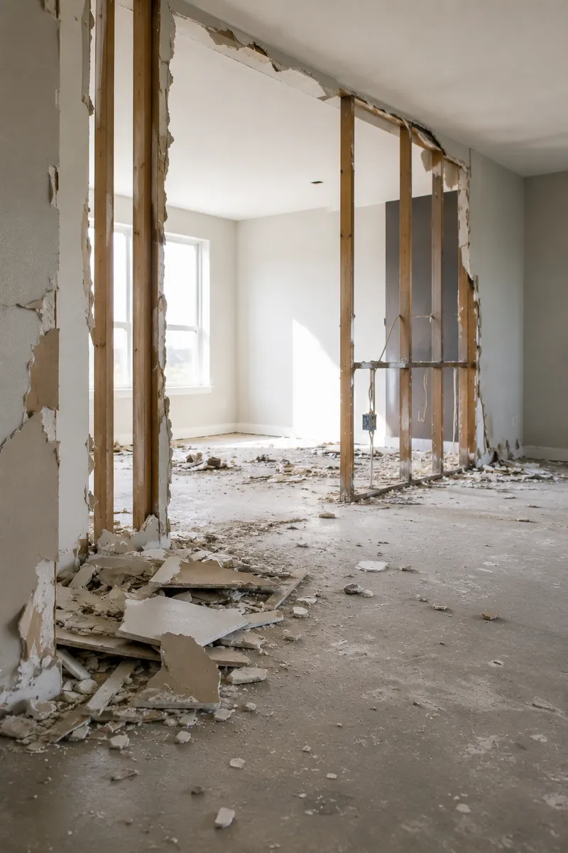 Interior room mid-demolition with drywall stripped from the stud walls and debris across the floor