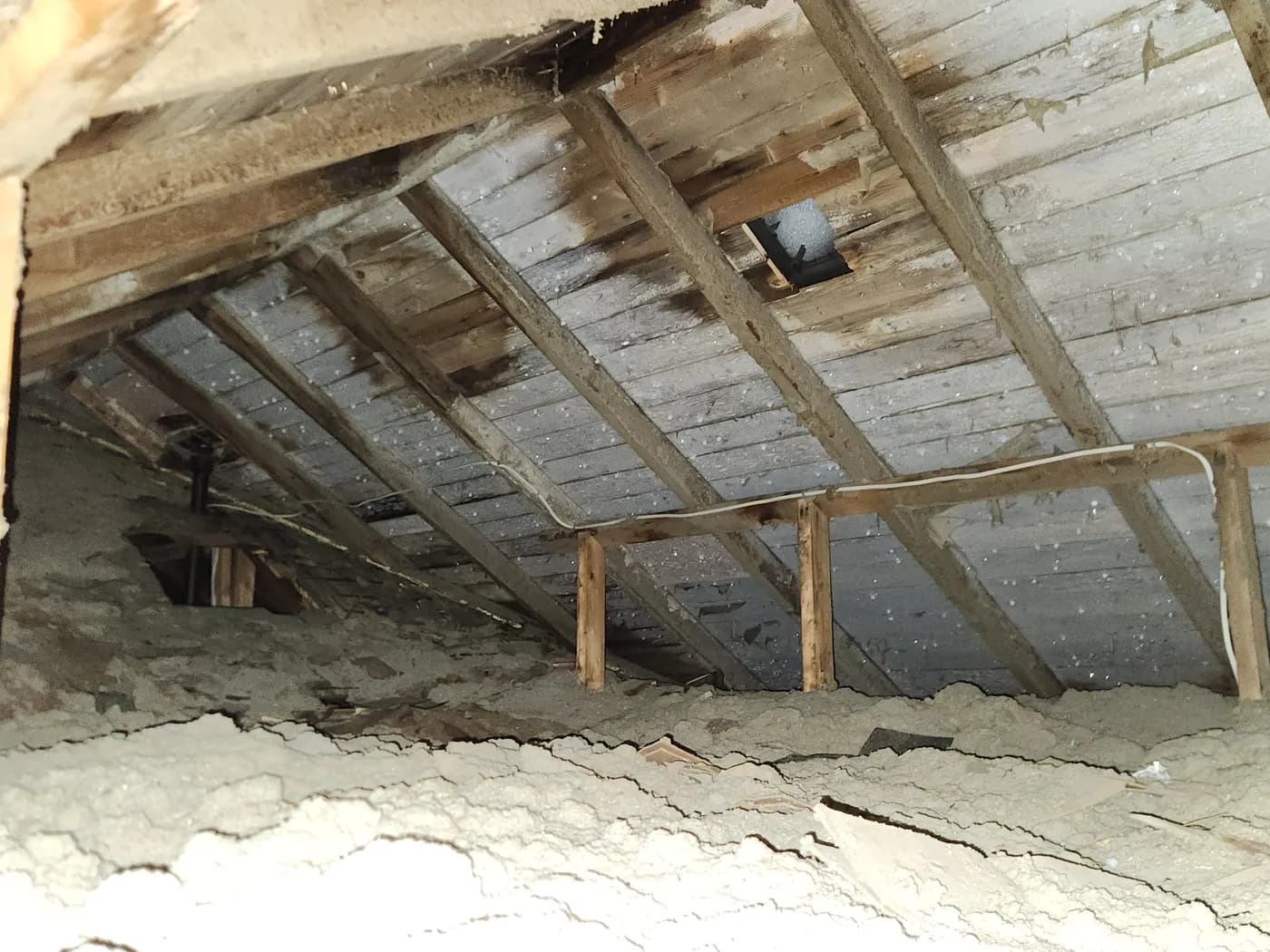 Attic inspection showing moisture staining and discolouration on the underside of the roof sheathing and rafters above blown-in insulation.