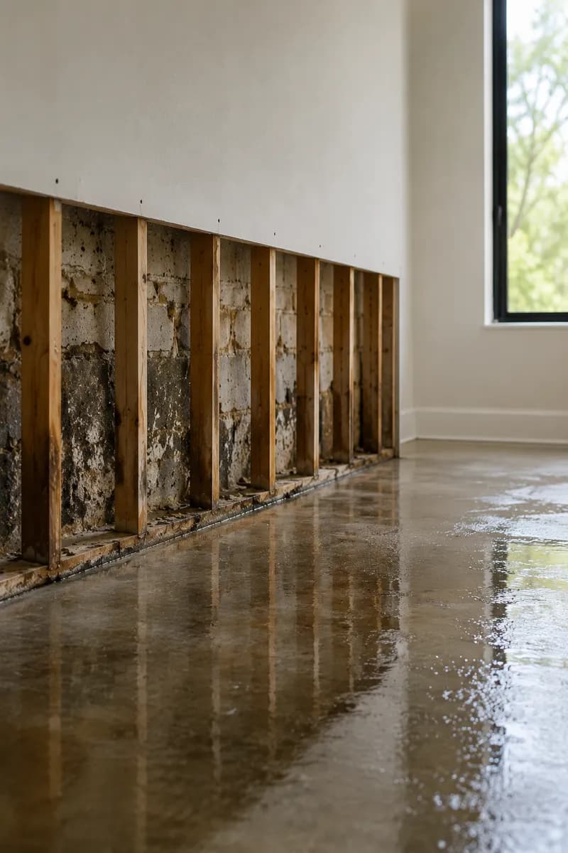 Lower drywall removed to reveal a damp, stained foundation wall with water pooled across the floor during a moisture survey