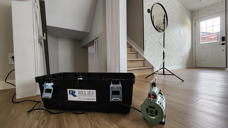Technician collecting indoor air quality samples for mould spore analysis in Winnipeg