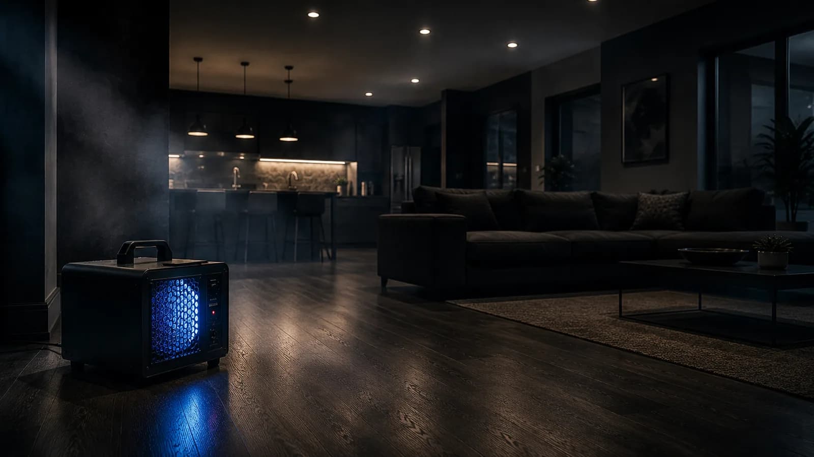 Ozone generator glowing blue while treating a dark Winnipeg living room to eliminate odours at the molecular level