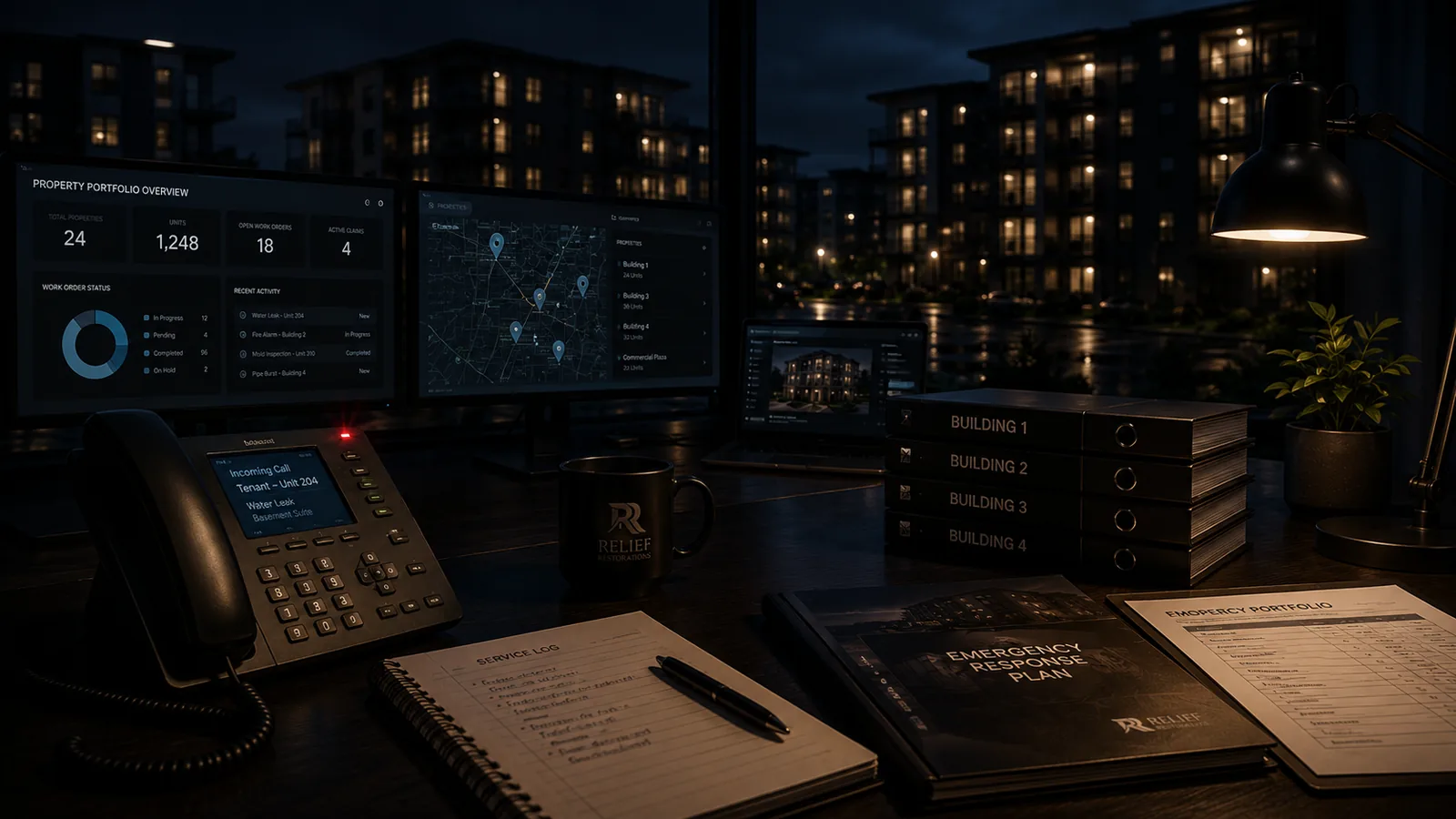 Property manager's desk with portfolio dashboards, building binders, and an emergency response plan, with Winnipeg apartment buildings lit at night