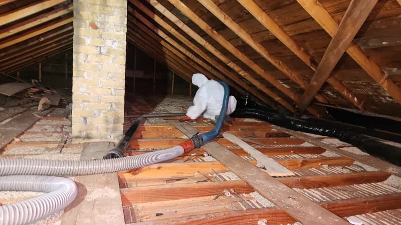 Certified crew removing asbestos-contaminated vermiculite insulation from an attic in Winnipeg