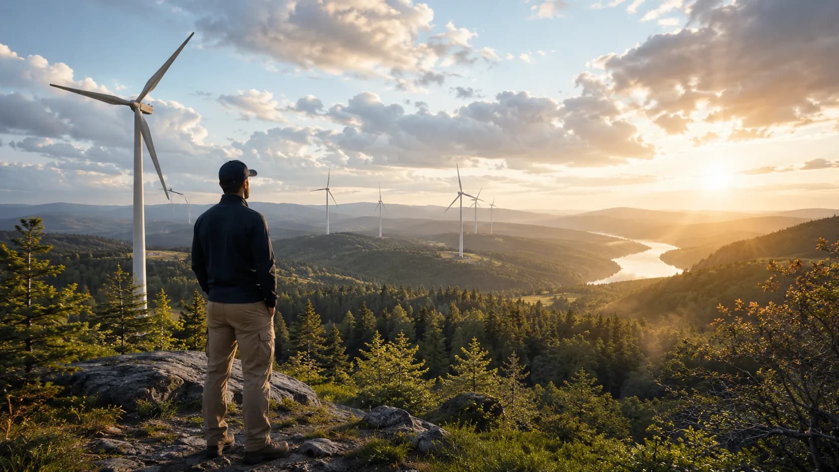 A person standing on a forested ridge at sunset looking out over wind turbines and a winding river valley, representing Relief Restorations' commitment to environmentally responsible restoration