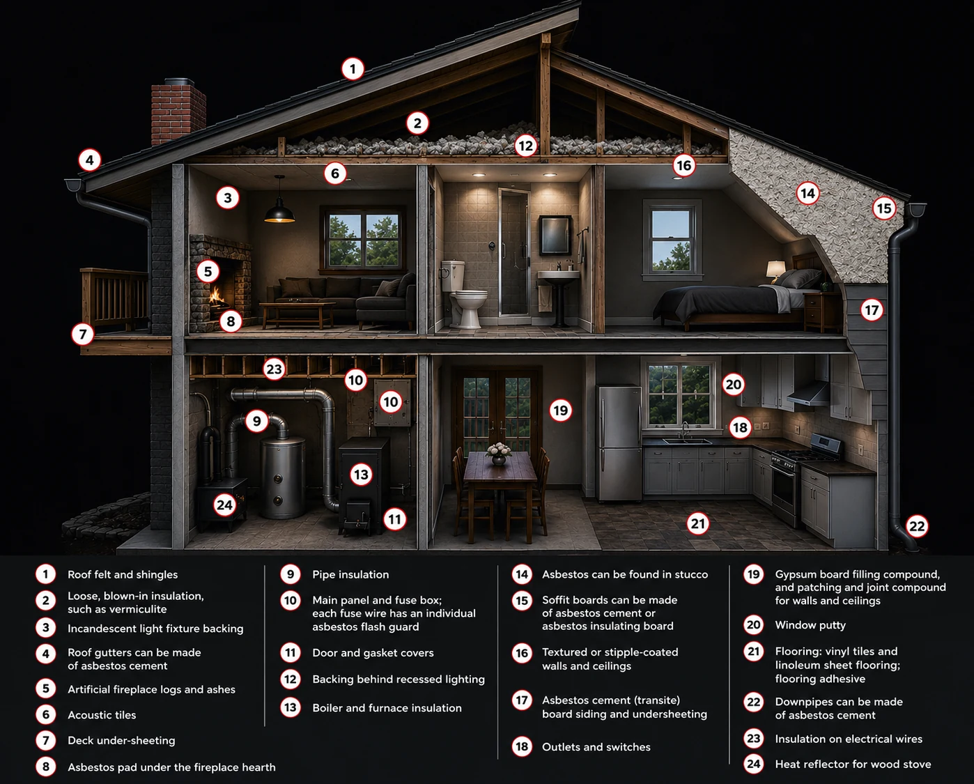 Cutaway diagram of a house showing 24 numbered common suspect asbestos-containing material (ACM) locations, including roof shingles, vermiculite attic insulation, stucco, floor tile, boiler and pipe insulation, and textured ceilings, with a legend